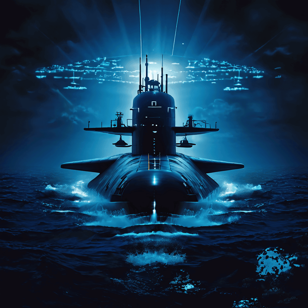 어두운 심해에서 소나 신호를 내보내는 잠수함과 전자전 기호, 데이터 흐름이 그 작전의 중요성과 한계를 함께 보여주는 모습이다.