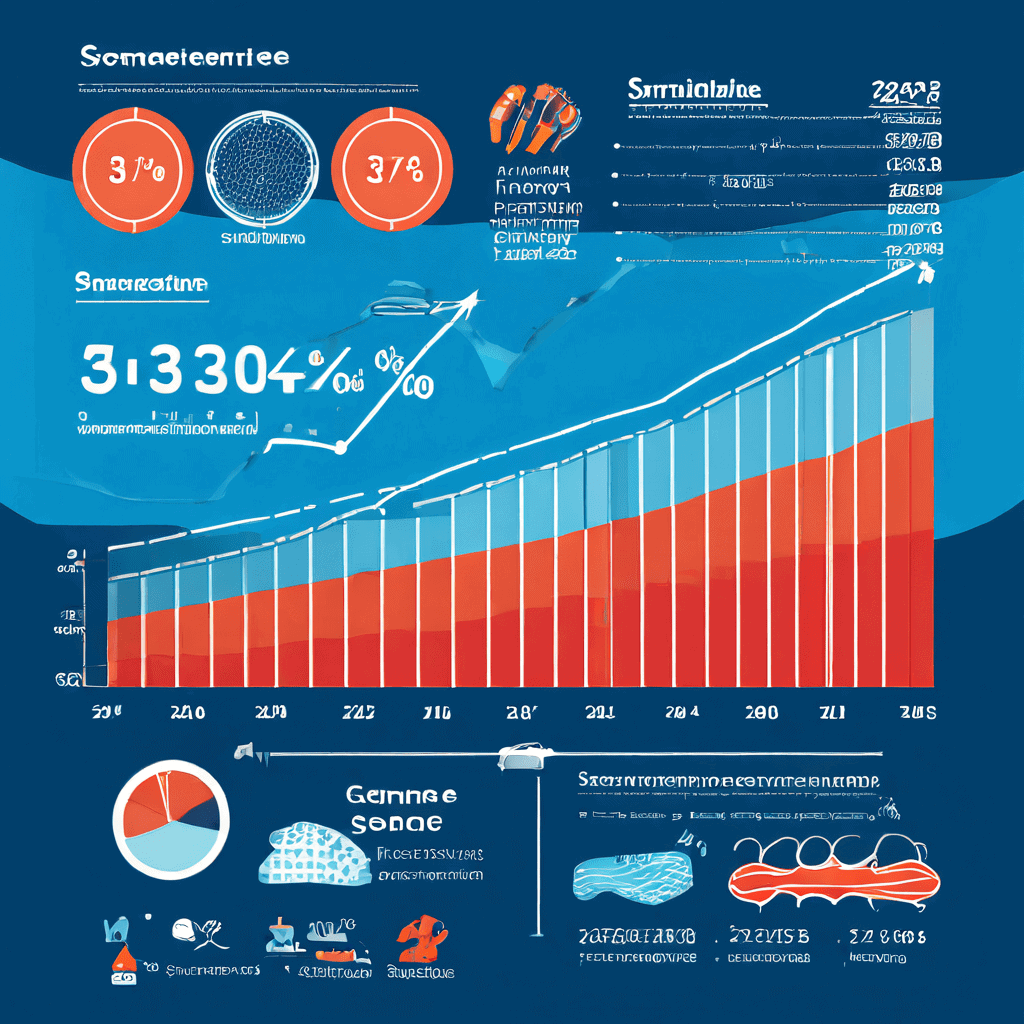 수영복 표면 기술의 경제적 가치를 분석한 인포그래픽으로, 기술 발전에 따른 수영 선수의 속도 향상 곡선과 경제성장 그래프가 함께 상승하는 모습을 시각화한 자료입니다.