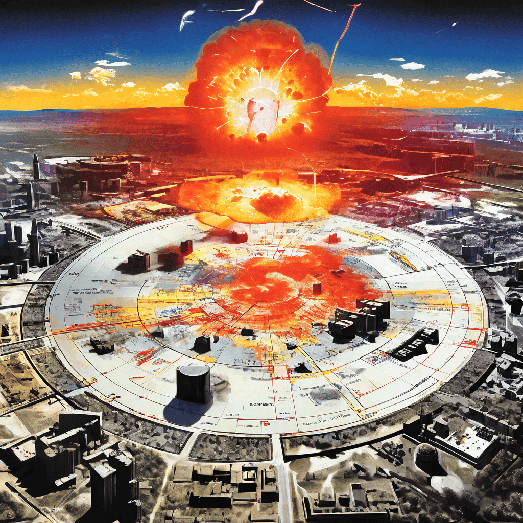 전략 지도 위에 핵폭발의 폭발력과 파괴 반경을 측정하는 눈금이 표시되어 있고 주요 도시와 군사 표적이 점으로 표기된 모습이다.