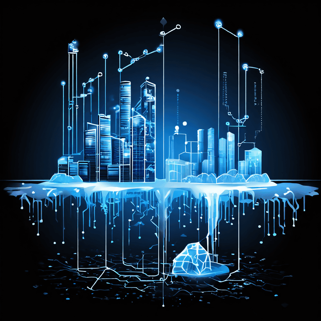 얼어붙은 공장 네트워크와 데이터가 유출되는 금고가 양쪽에 배치되었으며, 중앙의 하락하는 차트와 연결된 모습이다.