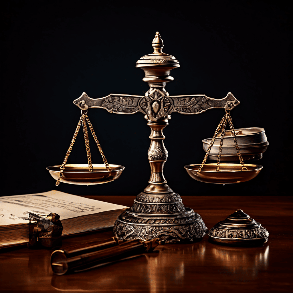 한쪽에는 스파이글라스, 다른 쪽에는 법봉이 올려진 저울이 균형을 이루고 있어 정보 수집과 법적 집행의 긴장 관계를 상징합니다.