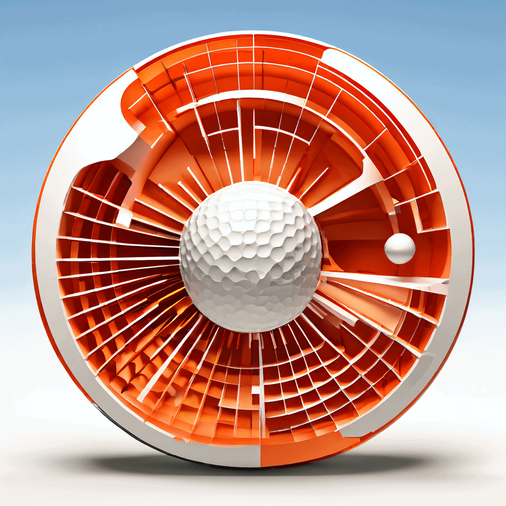 골프 공 단면의 3D 구조와 내부 딤플 형상이 공기역학적 설계 변수가 비행 거리 증가로 연결되는 과정을 데이터 그래프와 화살표로 매핑하여 설명하는 이미지입니다.