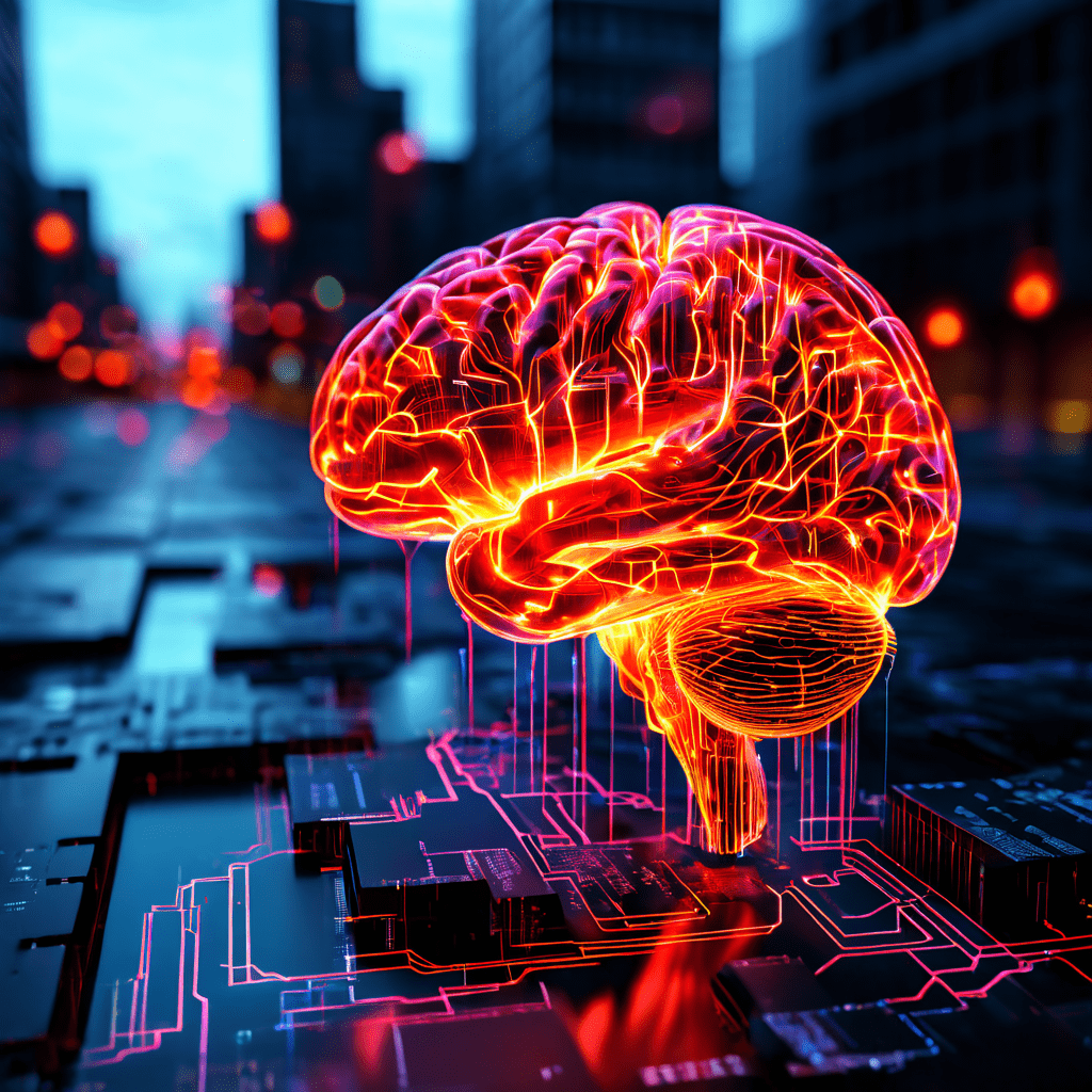 빛나는 디지털 뇌가 위치 데이터를 처리하여 도시 지도 위에 다채로운 열지도로 변환하는 모습이다.