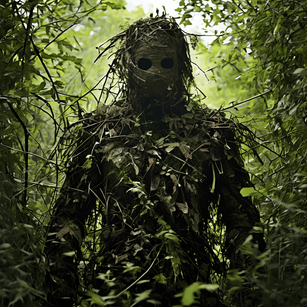 자연 배경에 녹아든 길리 슈트가 인간의 윤곽을 산산조각 내며 시각적 잡음으로 흩어지는 모습이다.