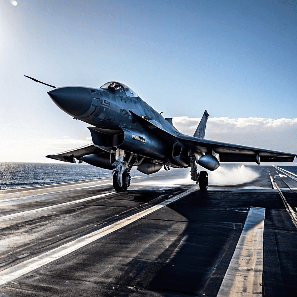 넓은 바다를 배경으로 짧은 갑판에서 힘차게 이륙하는 전투기와 갑판 작업 인원의 모습이다.