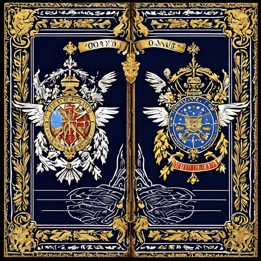 두 개의 정부 문장이 굵은 분할선으로 명확히 나뉘어, 하나는 대외 정보 기관을 다른 하나는 국내 법 집행 기관을 상징하는 모습이다.