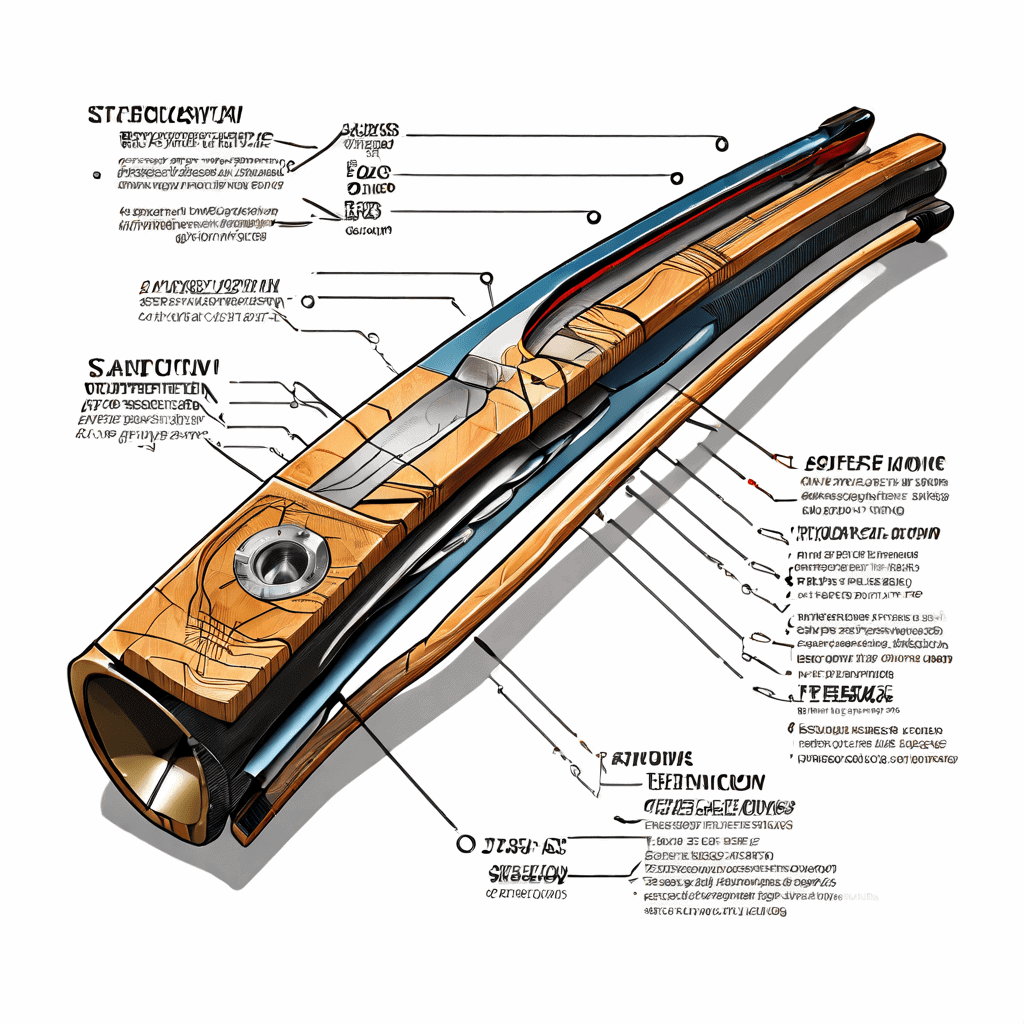 현대식 아처리 보우 림의 단면 클로즈업으로, 재료의 장력과 화살의 속도를 설명하는 기술 다이어그램과 화살표가 함께 배치된 이미지입니다.