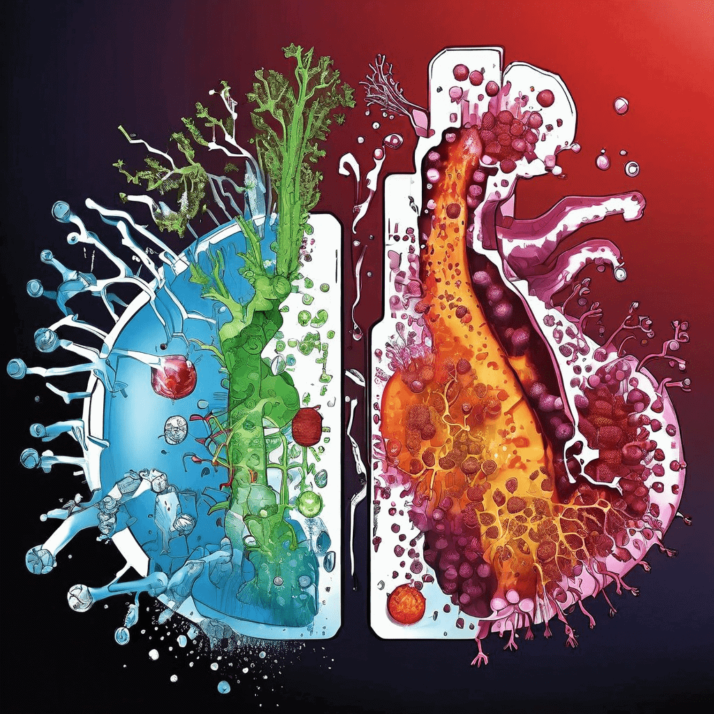 파란 배경에 왼쪽은 화학물질이 세균을 공격하고, 오른쪽은 산화제가 세포벽을 분해하는 모습을 대비해 그린 과학 삽화이다.