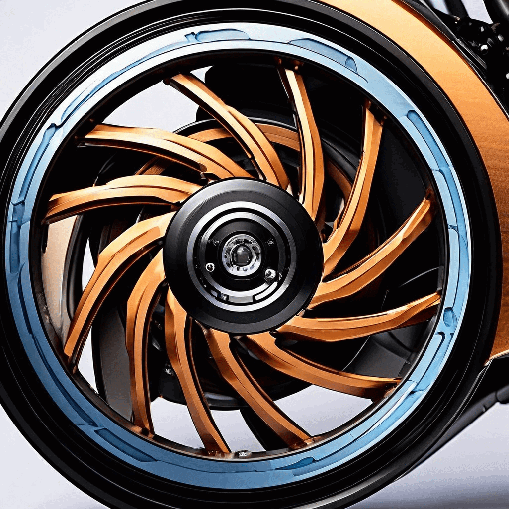 공기역학적 설계가 적용된 자전거 디스크 휠의 단면이 회전하며, 매끄러운 유선이 곡면을 따라 붙어 박리와 난류 후류 항력을 감소시키는 원리를 보여주는 이미지입니다.