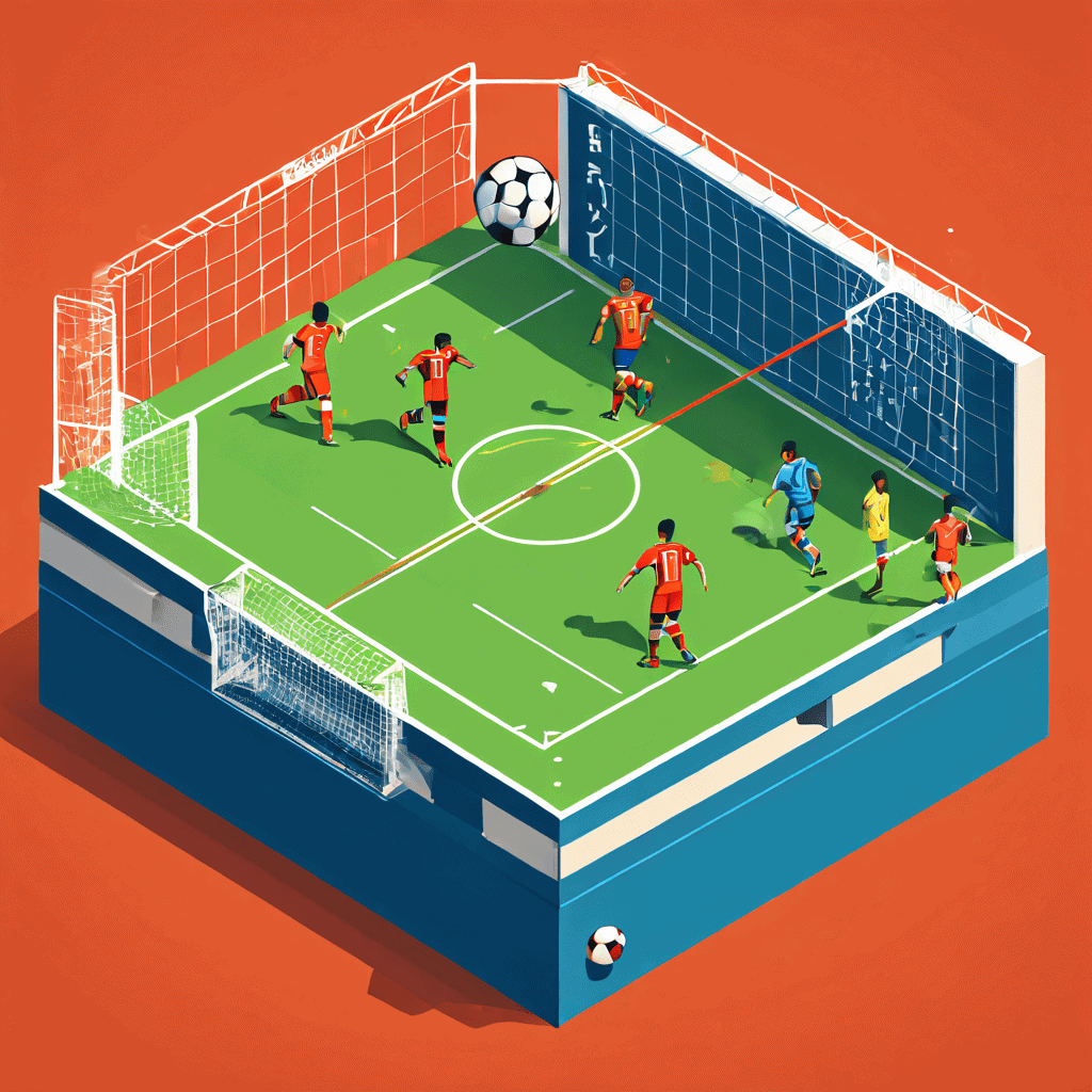 선수들이 각을 계산하며 움직이는 모습이 역동적인 기하학적 도형처럼 배치된 축구 코너킥 장면이다.