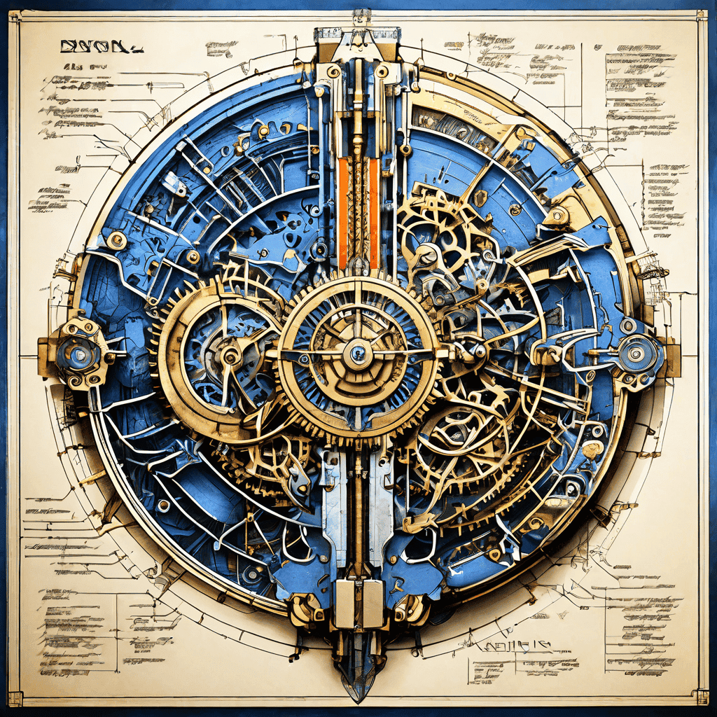 파란색 도면 위에 격렬한 폭발 장치와 정교한 기계 장치가 대비되는 상세한 설계도가 그려져 있습니다.