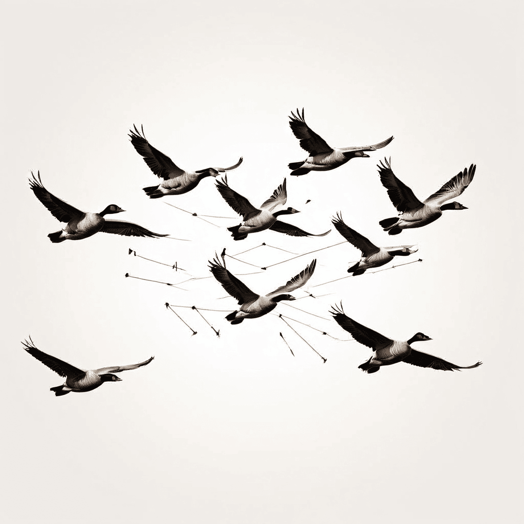 날카로운 화살촉을 중심으로 V자 형태로 날아가는 기러기 떼가 넓고 질서 정연한 네트워크를 형성하고 있습니다.