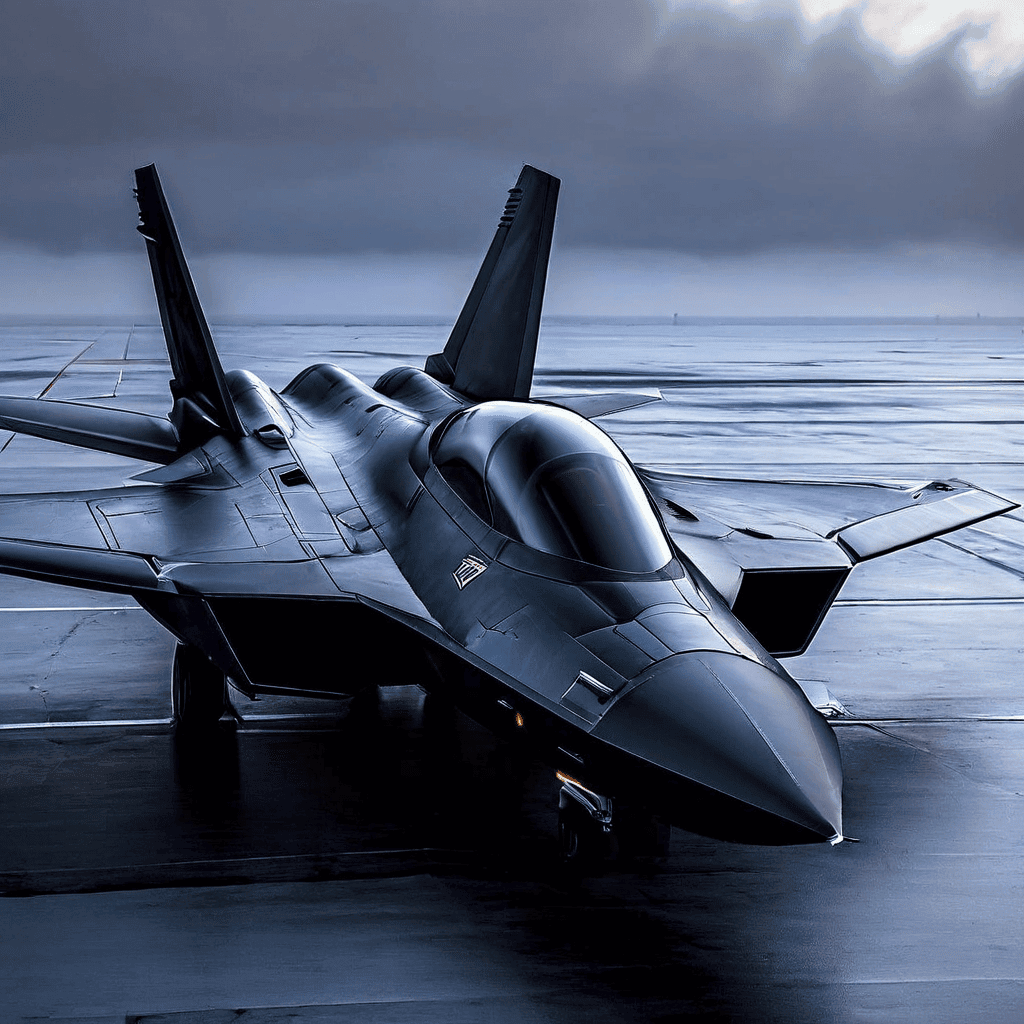매트 블랙 도색의 각진 형태의 전투기가 레이더 전파를 반사시키며 스텔스 기능을 갖춘 모습이다.