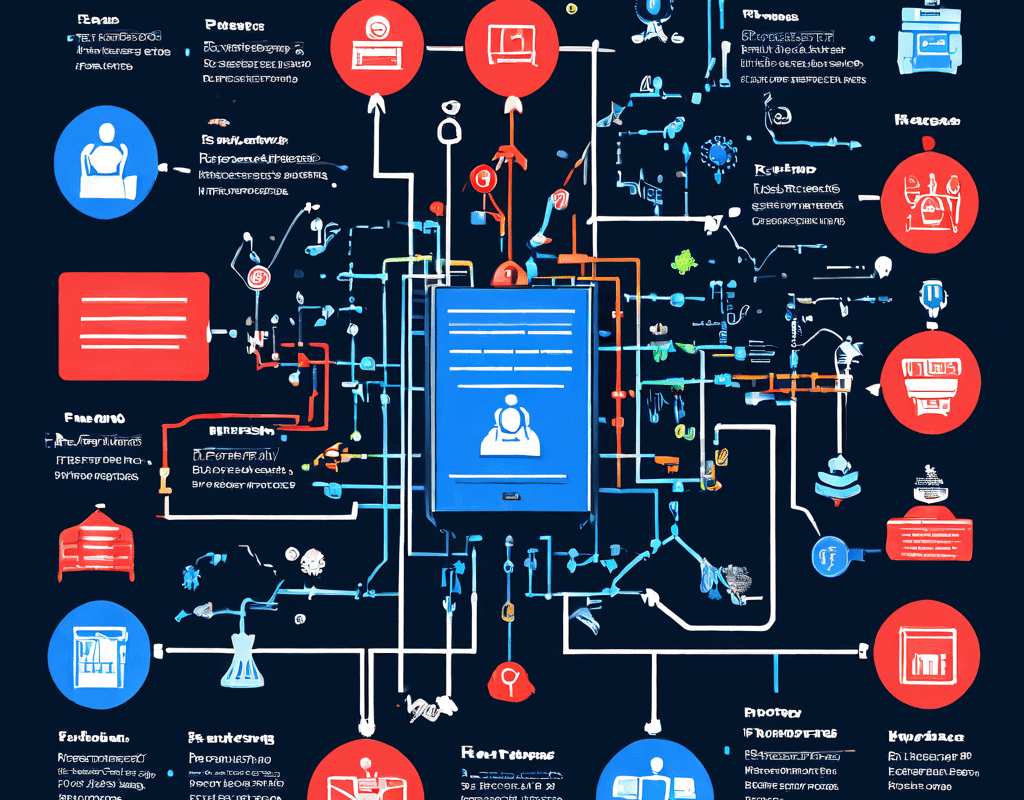 가짜 리뷰 산업의 구조를 폭로하는 복잡한 플로우차트로, 봇과 유료 작성자, 조작된 평점이 온라인 플랫폼을 침투하는 과정을 상세히 보여줍니다.