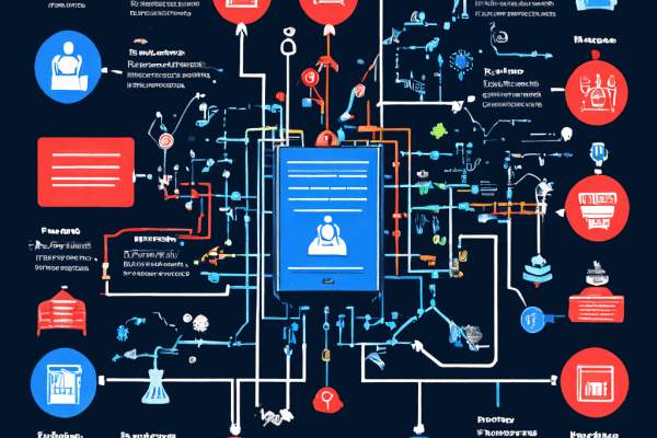 가짜 리뷰 산업의 구조를 폭로하는 복잡한 플로우차트로, 봇과 유료 작성자, 조작된 평점이 온라인 플랫폼을 침투하는 과정을 상세히 보여줍니다.