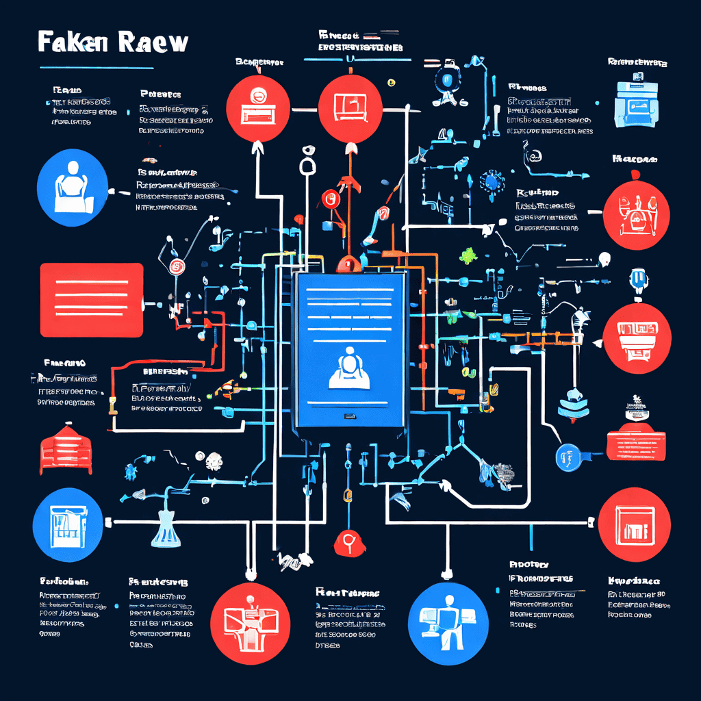 가짜 리뷰 산업의 구조를 폭로하는 복잡한 플로우차트로, 봇과 유료 작성자, 조작된 평점이 온라인 플랫폼을 침투하는 과정을 상세히 보여줍니다.