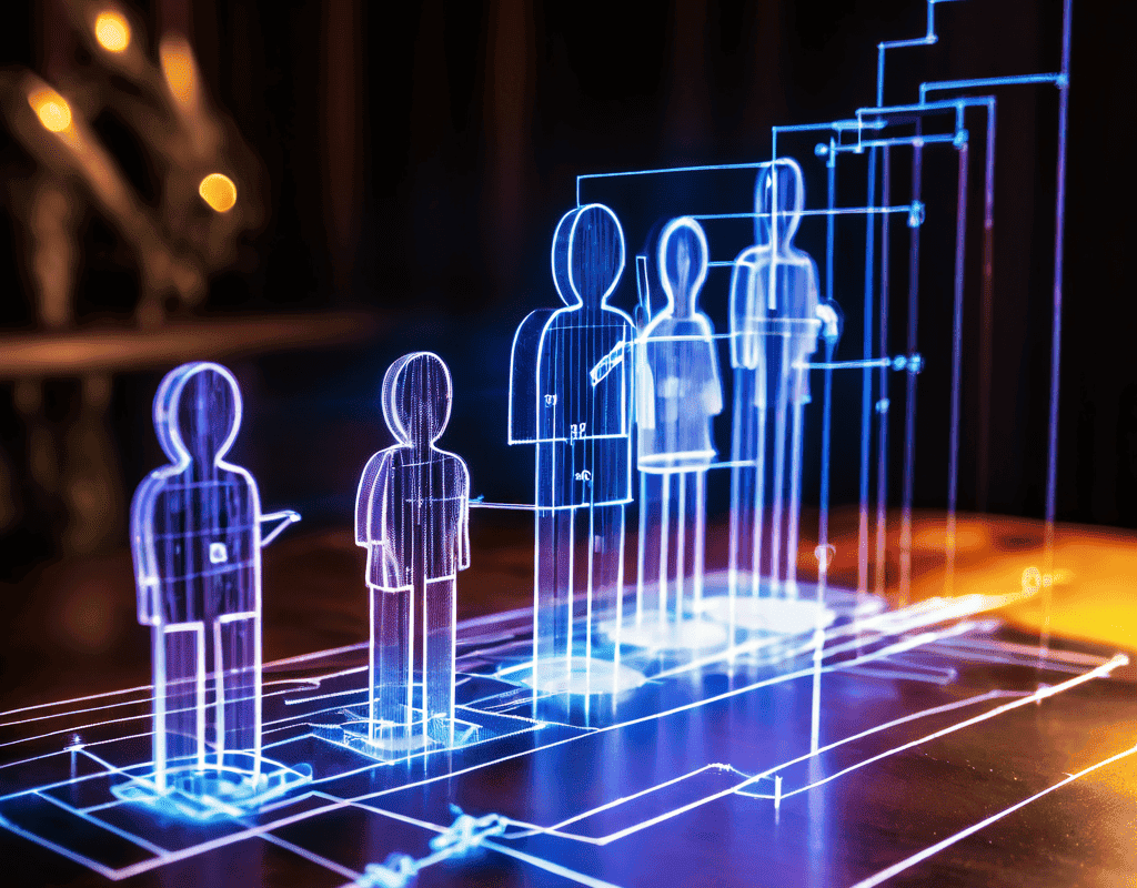 인스타그램 계정의 팔로워 수를 부풀리는 유령 계정의 작동 방식을 투명한 인물 형상과 연결 화살표로 시각화한 소셜 미디어 분석 다이어그램입니다.