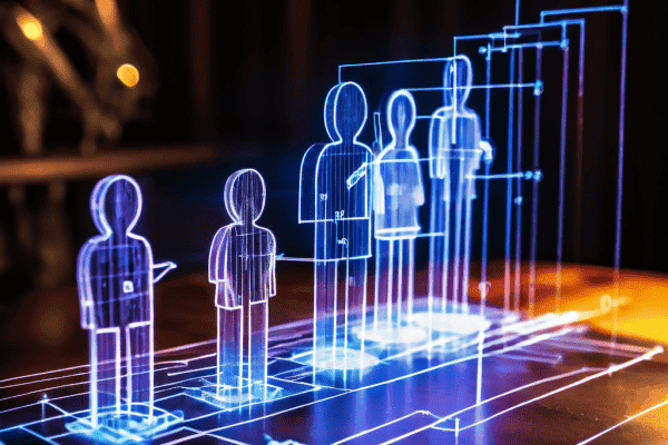 인스타그램 계정의 팔로워 수를 부풀리는 유령 계정의 작동 방식을 투명한 인물 형상과 연결 화살표로 시각화한 소셜 미디어 분석 다이어그램입니다.