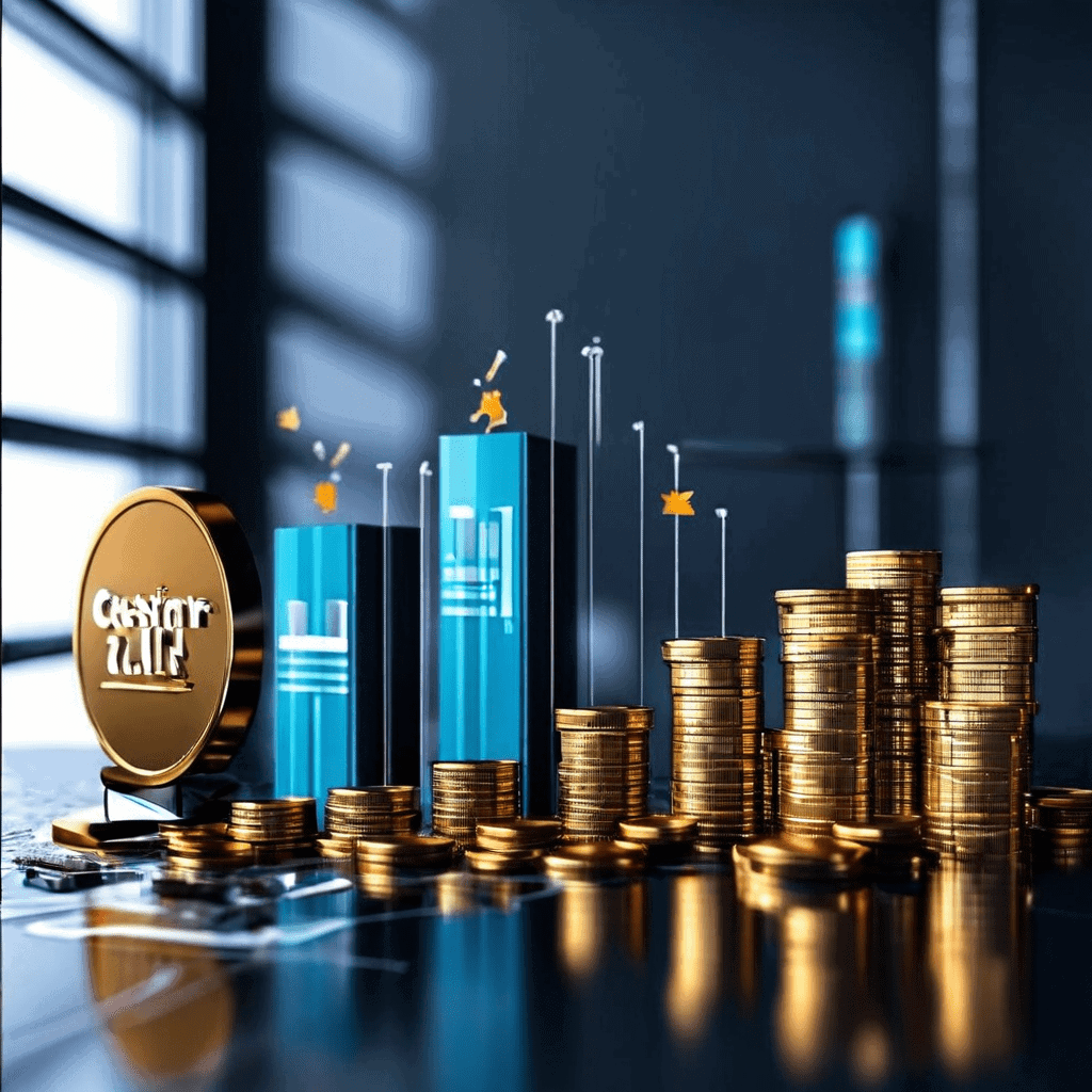 고객 충성도가 동전과 긍정적인 설문 조사 아이콘이 유입되면서 점점 더 높아지는 3D 막대 그래프를 시각화한 이미지입니다.