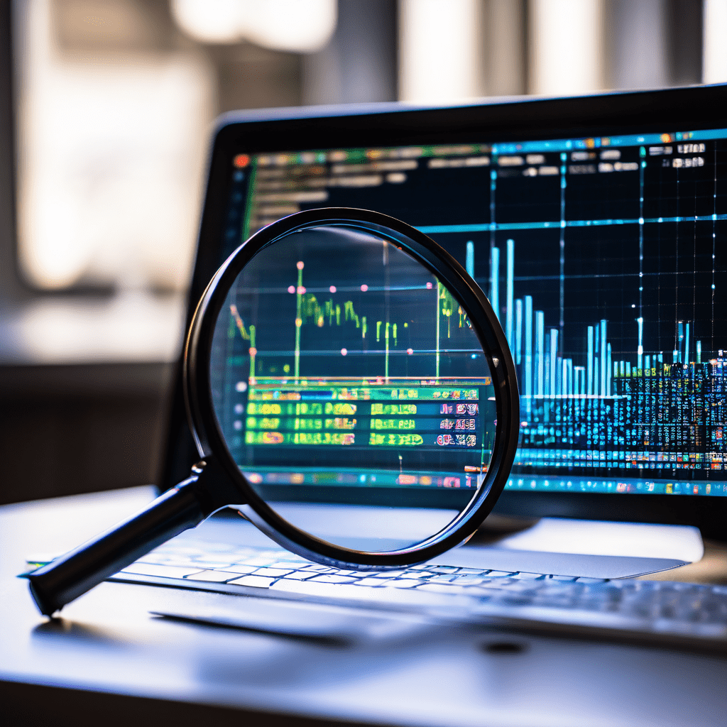 컴퓨터 화면의 가짜 5성 리뷰 속에 숨겨진 'FAKE' 텍스트를 돋보기로 확인하는 클로즈업 장면으로, 배경에는 데이터 차트와 이진 코드가 흐르며 온라인 리뷰 조작과 데이터 분석의 연관성을 시각적으로 표현합니다.