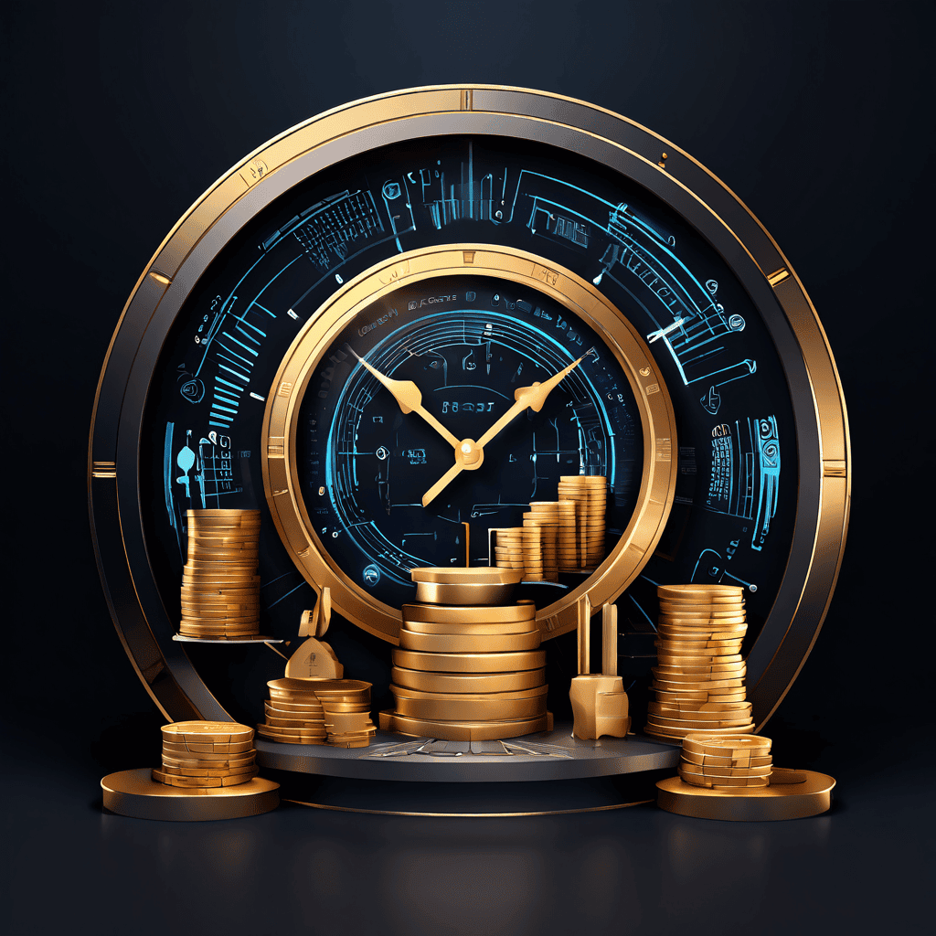 디지털 계약서에서 흘러나온 애니메이션 선이 금고로 연결되며, 코인과 수익 비율이 아티스트와 프로듀서 아이콘으로 자동 분배되는 스마트 계약 및 저작권 로열티 분배 시스템을 시각화한 개념도입니다.