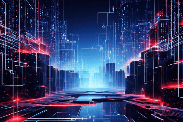 유튜브 플랫폼이 분열되며 데이터 흐름이 투명한 블록체인 원장으로 이동하는 디지털 환경의 추상적인 변환을 상징적으로 표현한 이미지입니다.