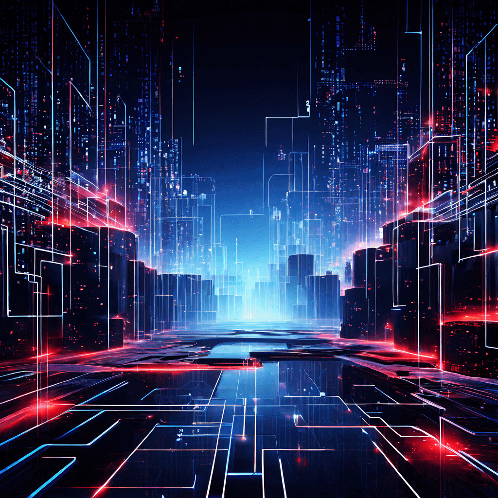 유튜브 플랫폼이 분열되며 데이터 흐름이 투명한 블록체인 원장으로 이동하는 디지털 환경의 추상적인 변환을 상징적으로 표현한 이미지입니다.