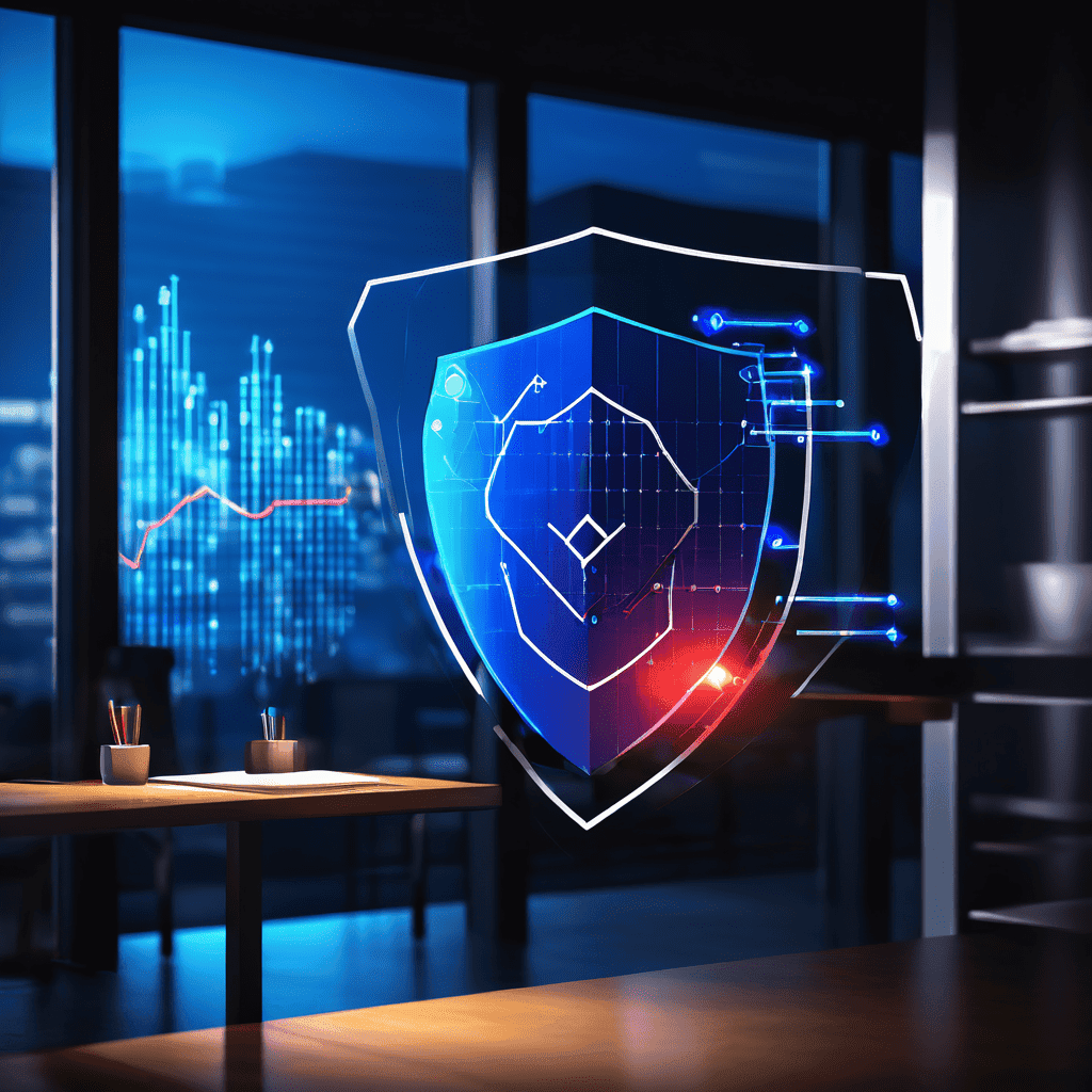 데이터 소비자를 위한 실용적인 위험 관리 전략을 상징하는 방패 아이콘을 그래프 위에 겹쳐 놓고 설명하는 전문가의 모습을 현대적인 오피스 환경에서 담은 이미지입니다.