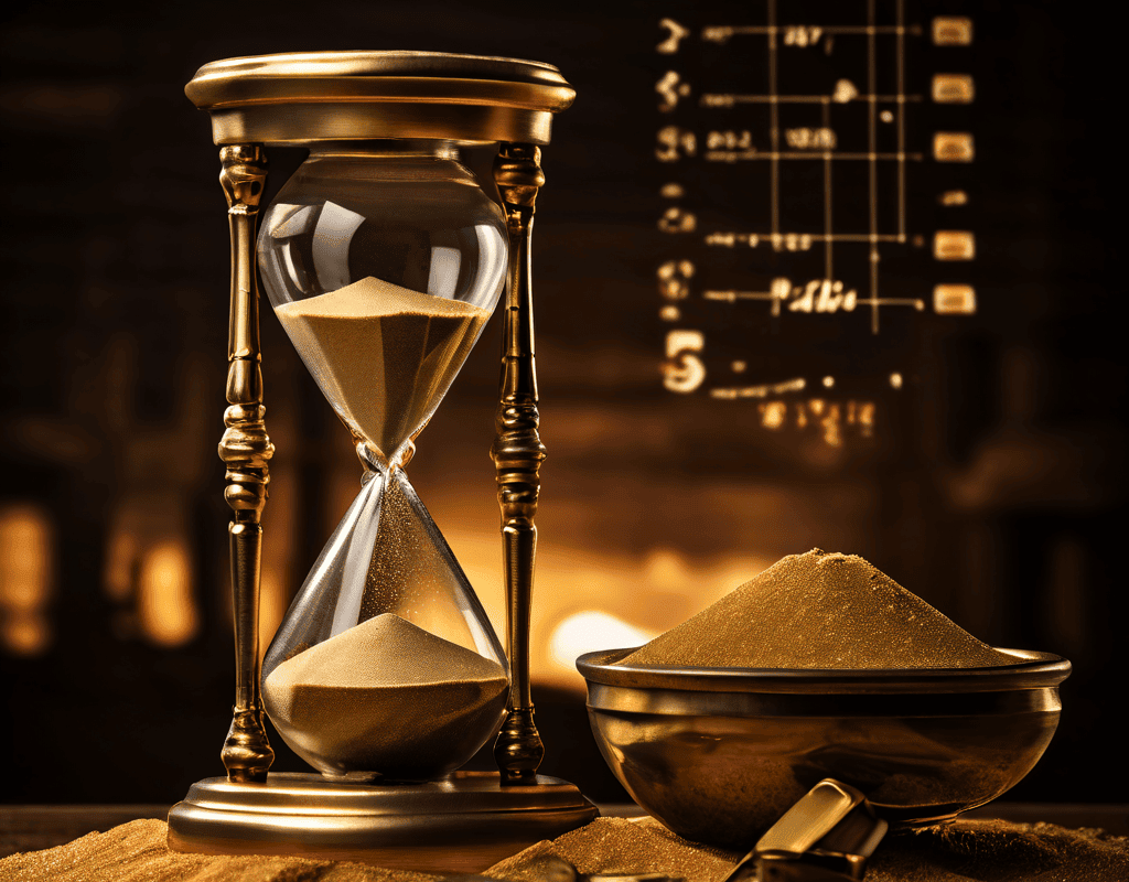 금융 차트를 배경으로 시간을 상징하는 모래시계와 가치를 상징하는 금괴가 저울 위에서 균형을 이루고 있는 모습은 시간과 돈의 상관관계를 시각적으로 표현합니다.