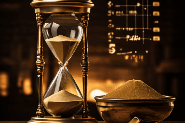 금융 차트를 배경으로 시간을 상징하는 모래시계와 가치를 상징하는 금괴가 저울 위에서 균형을 이루고 있는 모습은 시간과 돈의 상관관계를 시각적으로 표현합니다.