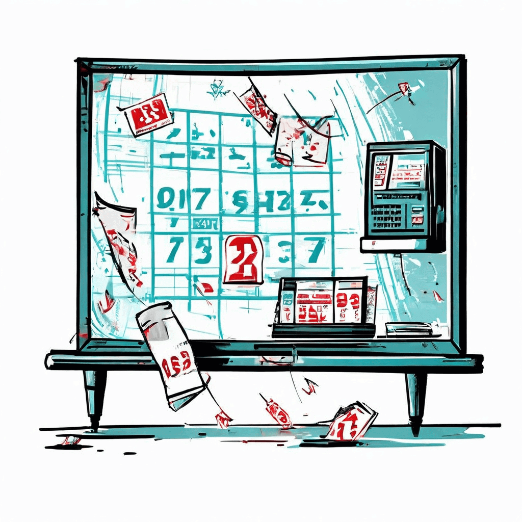 TV 화면에서 추첨 번호가 공개되는 모습과 복권 판매점 카운터의 출력된 복권을 얇은 점선으로 연결하여 당첨 결과 확인의 연속성을 표현한 일러스트레이션입니다.