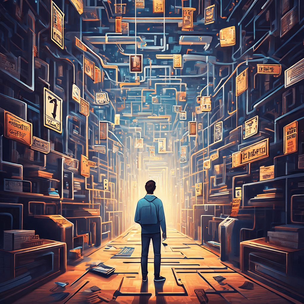 소비자의 머리가 투명한 미로로 표현되고 할인 태그와 세일 표지판이 가득하며 출구에는 빈 지갑이 놓여 있는 초현실적인 일러스트는 소비 심리의 복잡성과 과소비의 결과를 상징적으로 보여줍니다.