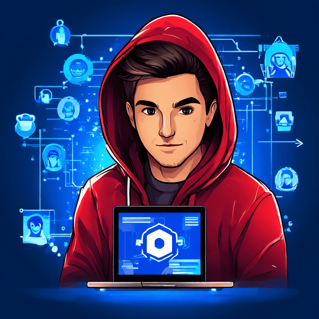 가짜 유튜버 아바타가 시청자를 유인해 피싱 사이트로 연결되고, 이 과정에서 악성코드 유포와 데이터 유출 위험이 드러나는 사이버 보안 위협을 보여주는 개념도입니다.