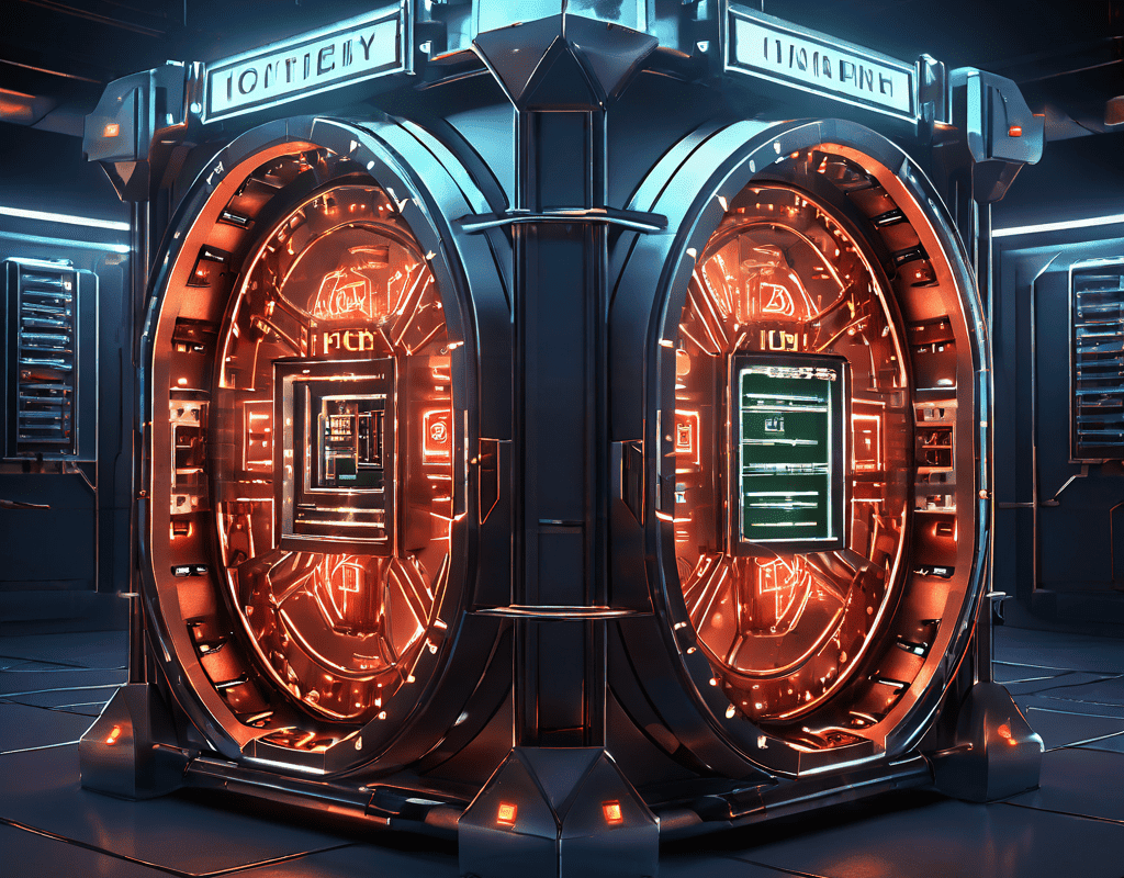 복잡하게 빛나는 보안 장치로 보강된 복권 당첨금 금고가 디지털 자물쇠의 균열로 인해 잠재적 위험에 노출되어 있음을 시각적으로 표현한 이미지입니다.