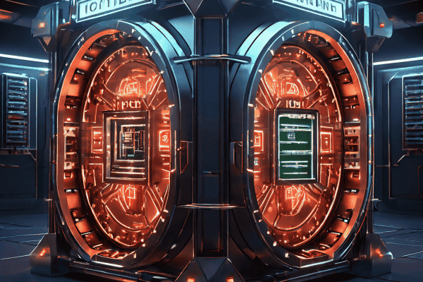 복잡하게 빛나는 보안 장치로 보강된 복권 당첨금 금고가 디지털 자물쇠의 균열로 인해 잠재적 위험에 노출되어 있음을 시각적으로 표현한 이미지입니다.