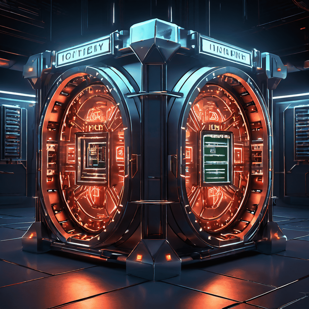 복잡하게 빛나는 보안 장치로 보강된 복권 당첨금 금고가 디지털 자물쇠의 균열로 인해 잠재적 위험에 노출되어 있음을 시각적으로 표현한 이미지입니다.