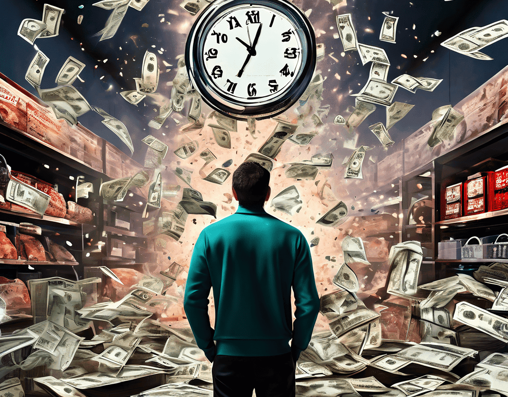 세일 기간이 얼마 남지 않았다는 긴박감과 빠르게 줄어드는 예산을 상징하는 거대한 카운트다운 시계와 돈 더미 앞에서, 혼잡한 백화점 매장 내 할인 진열대 사이를 서둘러 이동하는 쇼핑객의 심리를 시각적으로 표현한 이미지입니다.