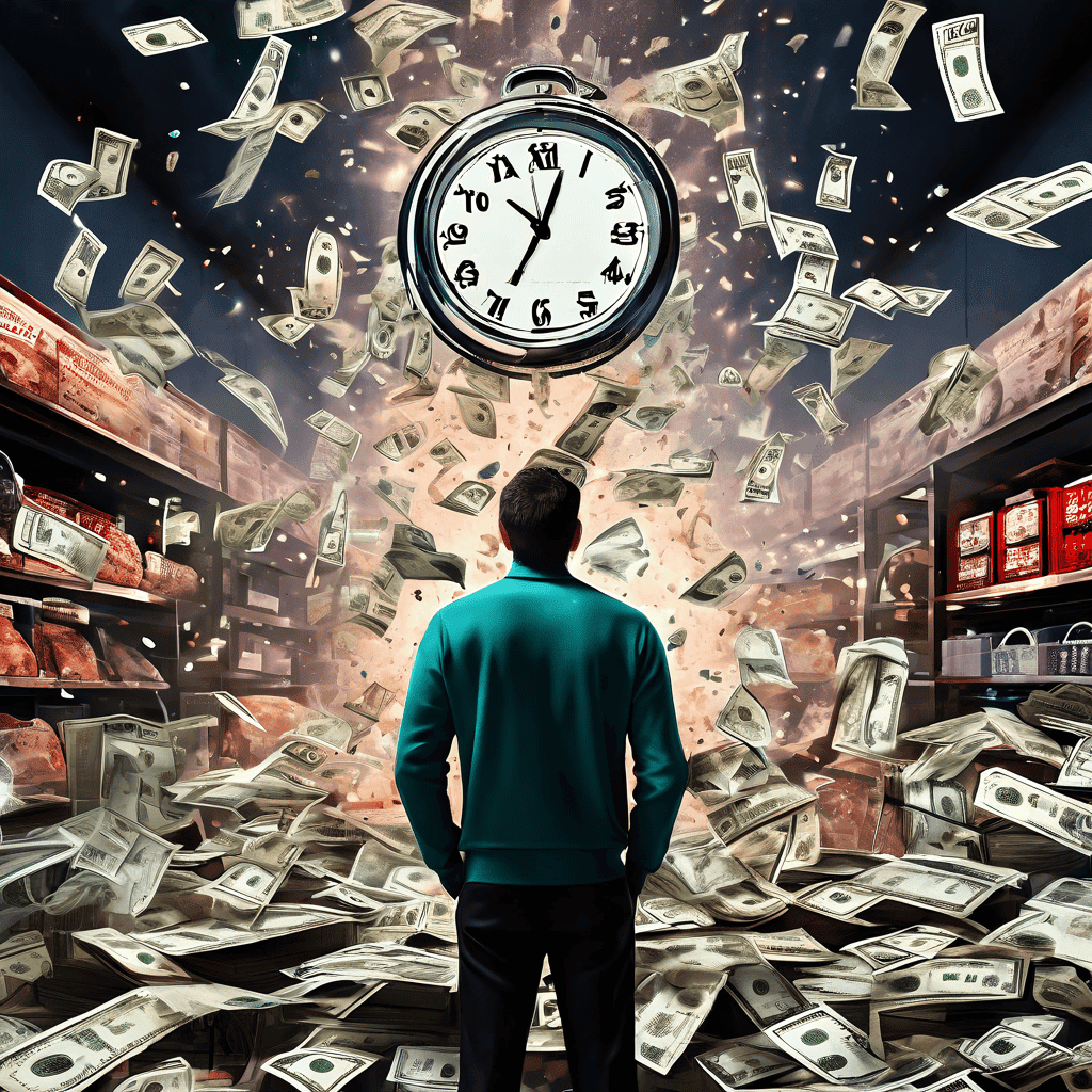 세일 기간이 얼마 남지 않았다는 긴박감과 빠르게 줄어드는 예산을 상징하는 거대한 카운트다운 시계와 돈 더미 앞에서, 혼잡한 백화점 매장 내 할인 진열대 사이를 서둘러 이동하는 쇼핑객의 심리를 시각적으로 표현한 이미지입니다.