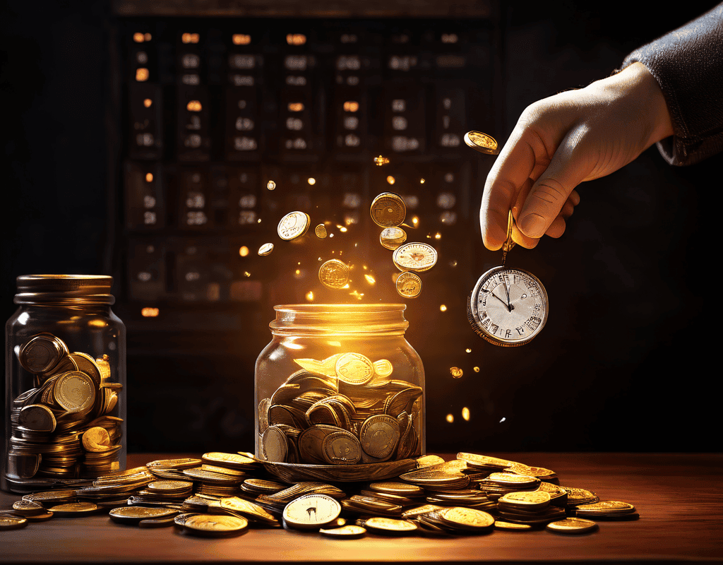 손에서 빛나는 동전을 놓아 먼지로 변하게 하는 모습과 배경의 달력에 표시된 만료일이 재정적 기회의 소멸과 시간 관리를 상징적으로 표현한 이미지입니다.