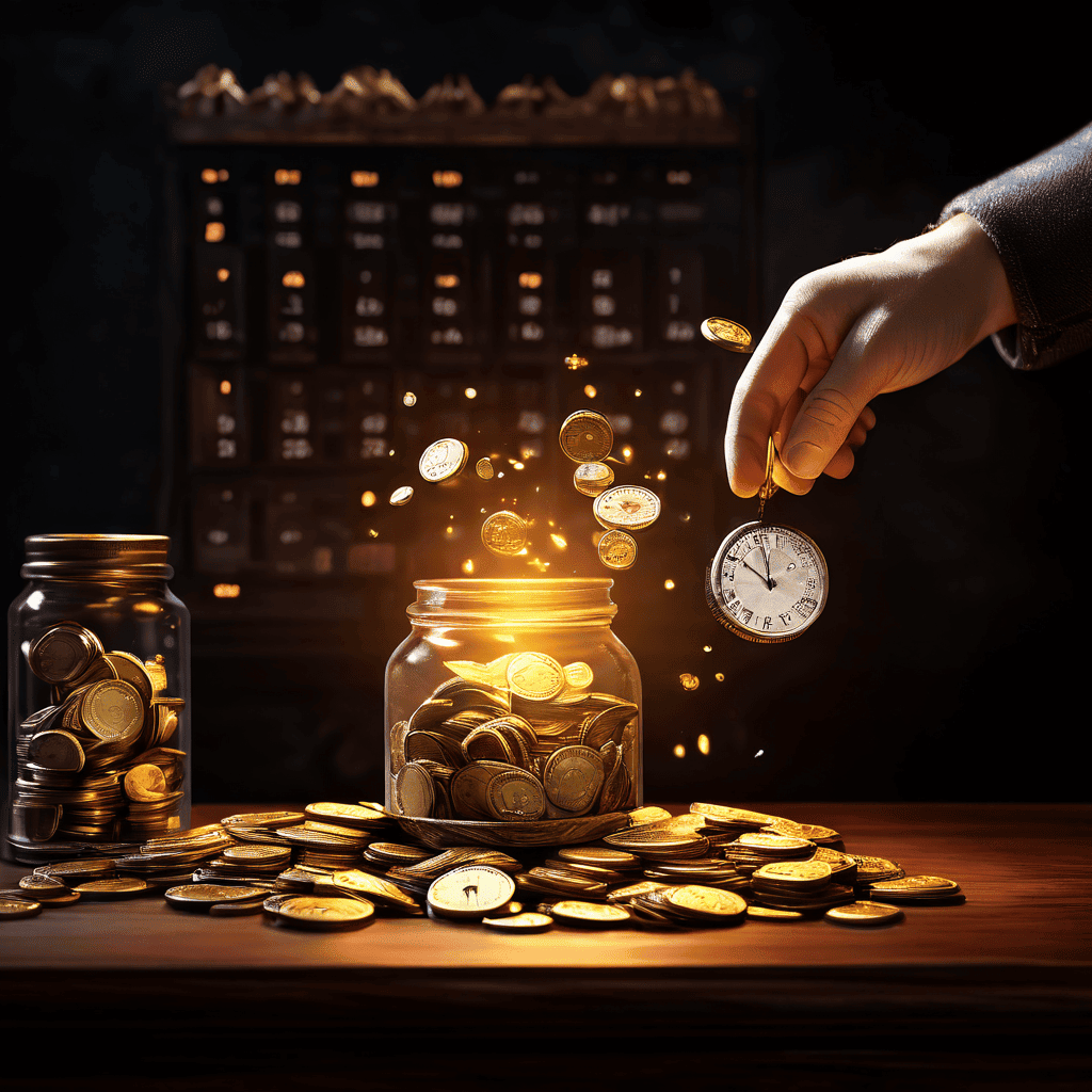 손에서 빛나는 동전을 놓아 먼지로 변하게 하는 모습과 배경의 달력에 표시된 만료일이 재정적 기회의 소멸과 시간 관리를 상징적으로 표현한 이미지입니다.