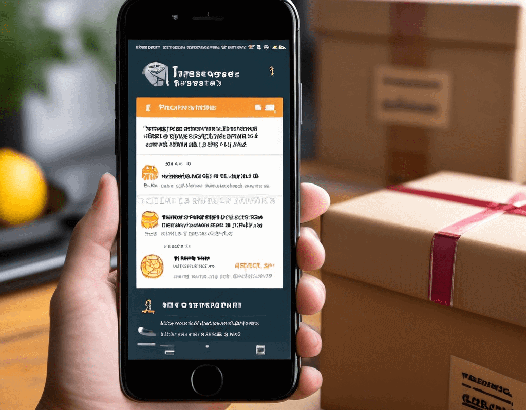 지연된 택배 배송을 알리는 의심스러운 문자 메시지가 표시된 스마트폰 화면과 경고 기호가 함께 나타나 피싱 사기에 대한 주의가 필요함을 알립니다.