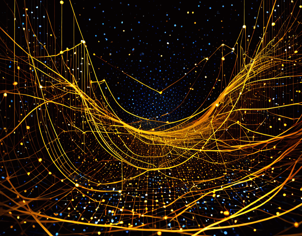 혼란스럽게 얽힌 불일치 데이터 스트림들 사이에서 단 하나의 황금빛 통찰의 실마리가 떠오르며 숨겨진 경쟁 우위를 상징적으로 표현한 이미지입니다.