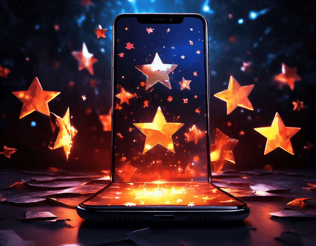 깨진 스마트폰 화면에 빛나는 가짜 리뷰가 표시되고, 배경에서 그림자 같은 인물들이 별점을 조작하는 온라인 평점 조작의 위험성을 경고하는 이미지입니다.