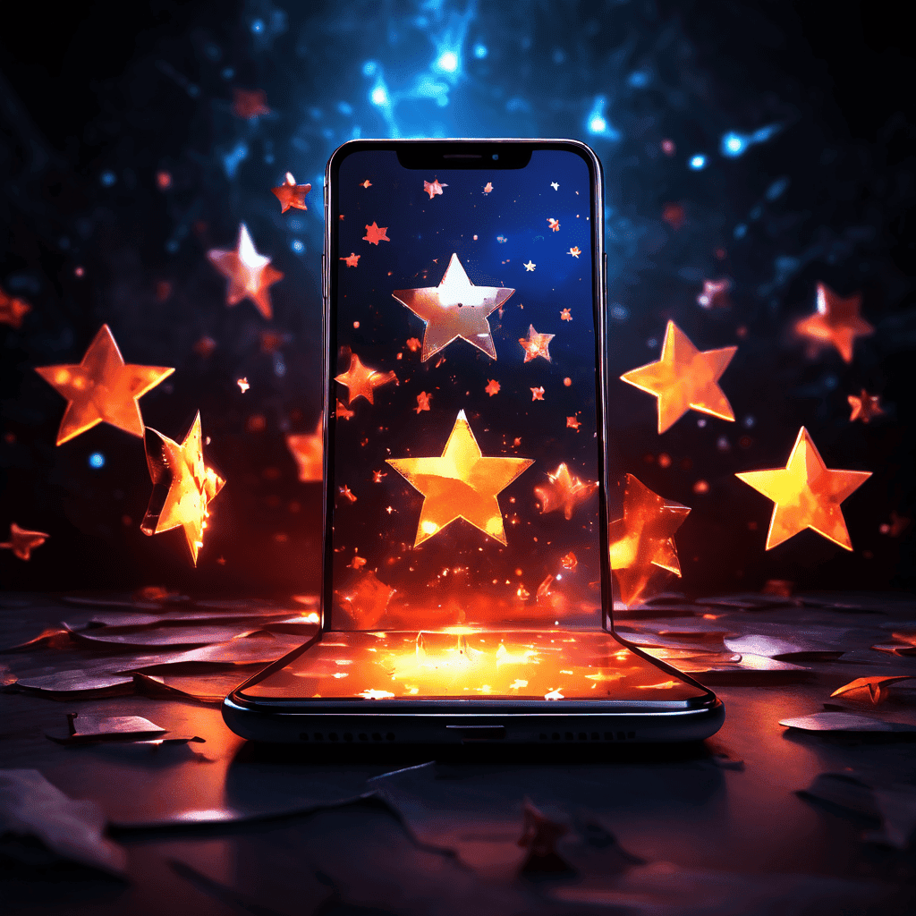 깨진 스마트폰 화면에 빛나는 가짜 리뷰가 표시되고, 배경에서 그림자 같은 인물들이 별점을 조작하는 온라인 평점 조작의 위험성을 경고하는 이미지입니다.