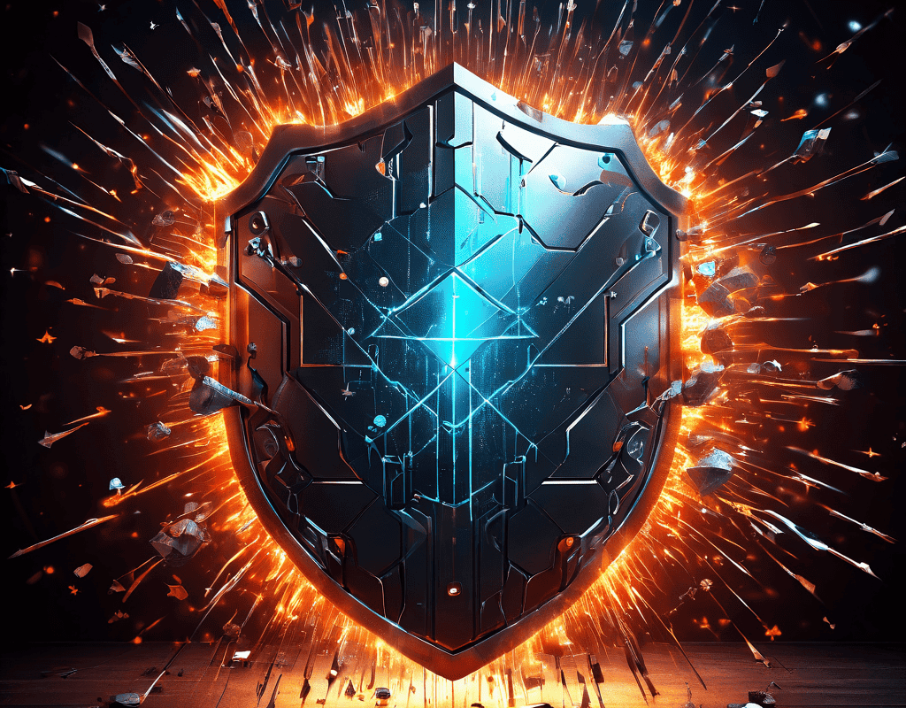 복제된 5성 리뷰 무리가 디지털 방패를 공격하여 균열을 내고 취약한 시스템 코어가 노출되는 모습을 상징적으로 표현한 이미지입니다.