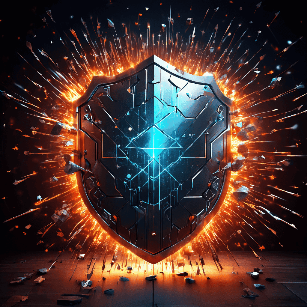 복제된 5성 리뷰 무리가 디지털 방패를 공격하여 균열을 내고 취약한 시스템 코어가 노출되는 모습을 상징적으로 표현한 이미지입니다.