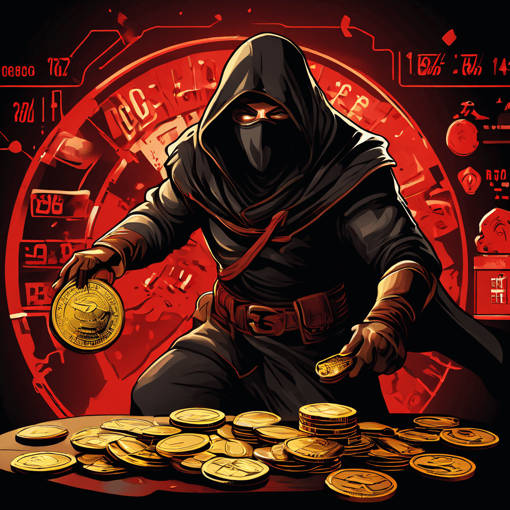 가면을 쓴 도둑이 상점에서 금화를 훔치는 장면과 함께 배경의 위험 측정기가 급격하게 상승하는 모습을 담은 사이버 보안 위험 인포그래픽입니다.