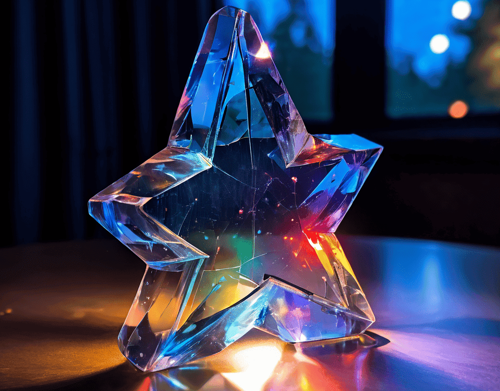 유리로 만들어진 5성 평점이 산산조각 나 대부분의 조각이 회색으로 퇴색했지만, 진실을 의미하는 한 조각이 수많은 화려한 가짜 리뷰 속에 묻혀 빛나고 있는 모습을 상징적으로 표현한 이미지입니다.