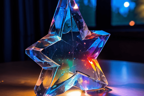 유리로 만들어진 5성 평점이 산산조각 나 대부분의 조각이 회색으로 퇴색했지만, 진실을 의미하는 한 조각이 수많은 화려한 가짜 리뷰 속에 묻혀 빛나고 있는 모습을 상징적으로 표현한 이미지입니다.