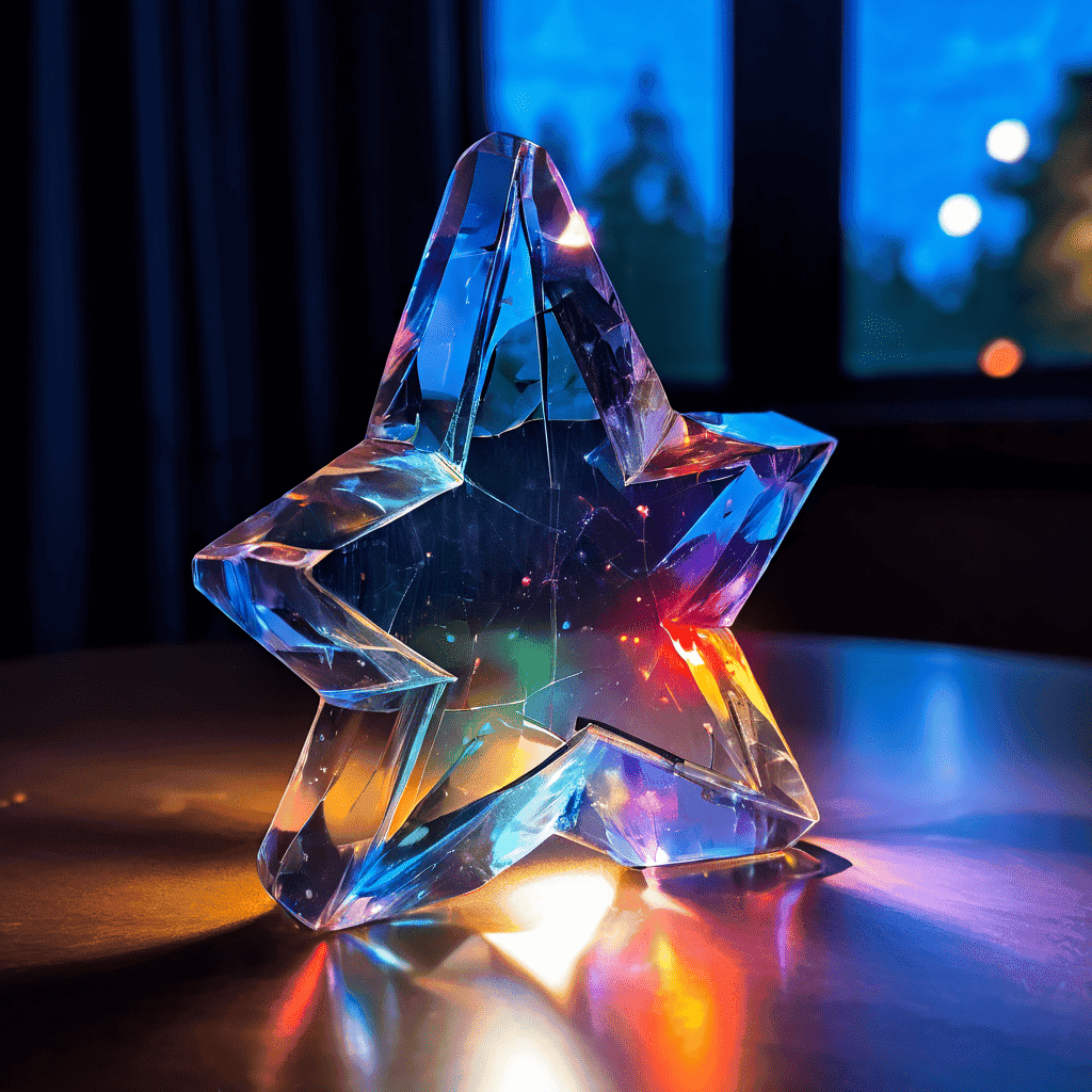 유리로 만들어진 5성 평점이 산산조각 나 대부분의 조각이 회색으로 퇴색했지만, 진실을 의미하는 한 조각이 수많은 화려한 가짜 리뷰 속에 묻혀 빛나고 있는 모습을 상징적으로 표현한 이미지입니다.